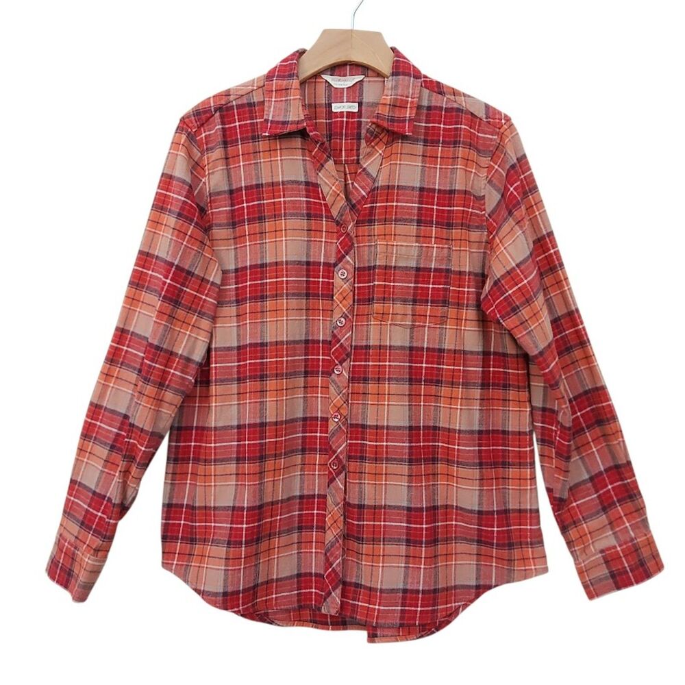 Weatherproof Vintage Flannel Shirt Womens Medium Orange Plaid Comfort Stretch